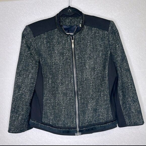 Elie Tahari Zip Front Tweed Crop Jacket Navy 10 - Picture 1 of 5